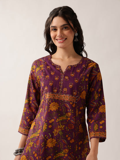 Purple Floral Straight Cotton Kurta Palazzo And Dupatta