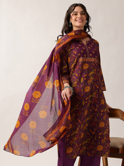 Purple Floral Straight Cotton Kurta Palazzo And Dupatta