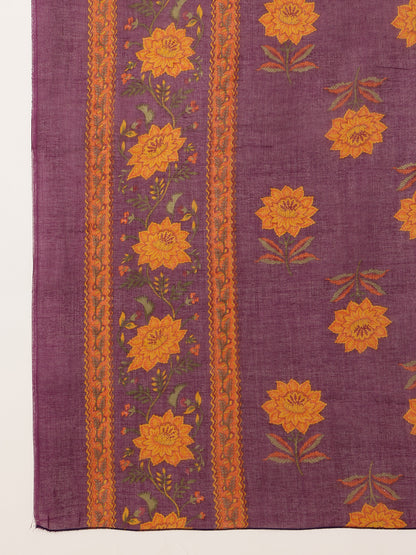 Purple Floral Straight Cotton Kurta Palazzo And Dupatta