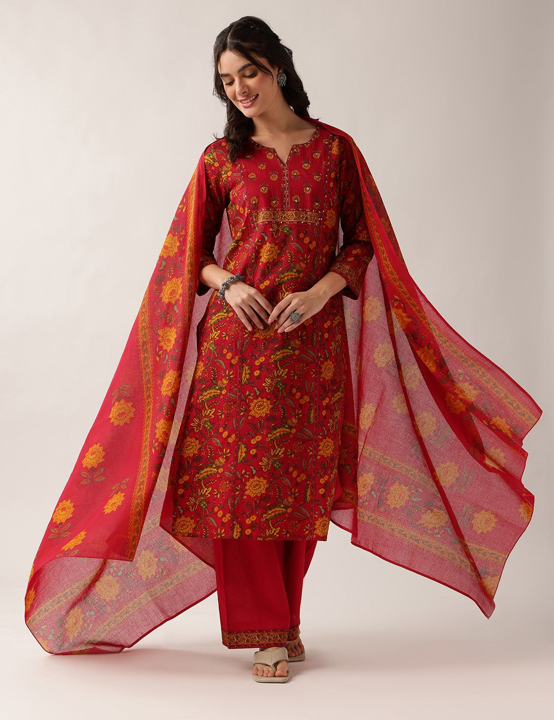 Pink Floral Straight Cotton Kurta Palazzo And Dupatta
