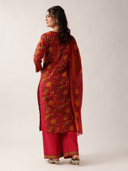 Pink Floral Straight Cotton Kurta Palazzo And Dupatta