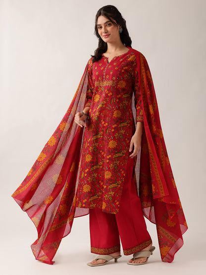 Pink Floral Straight Cotton Kurta Palazzo And Dupatta