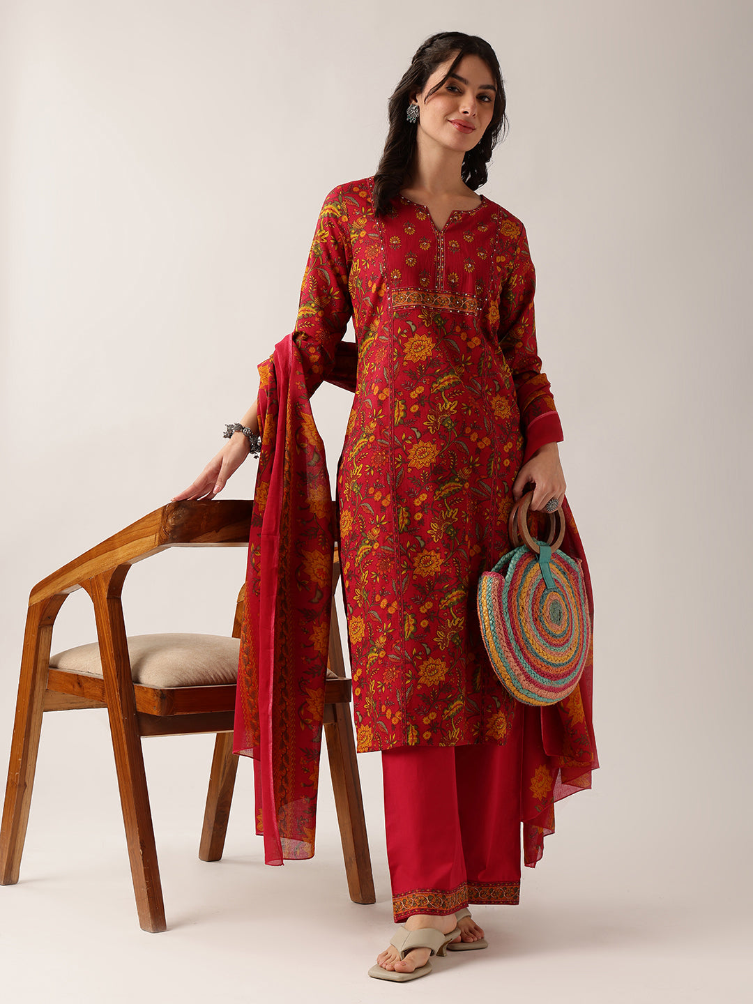 Pink Floral Straight Cotton Kurta Palazzo And Dupatta