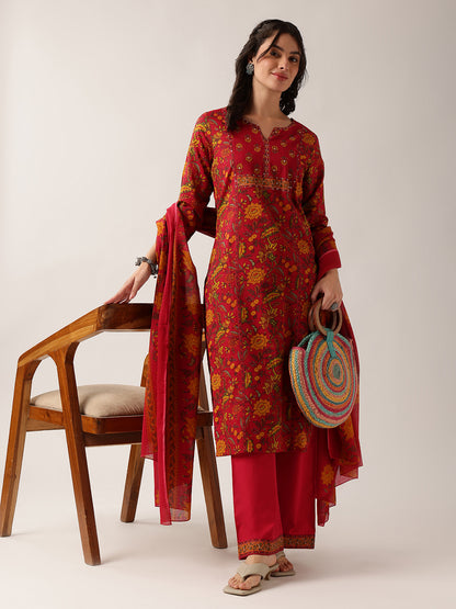 Pink Floral Straight Cotton Kurta Palazzo And Dupatta