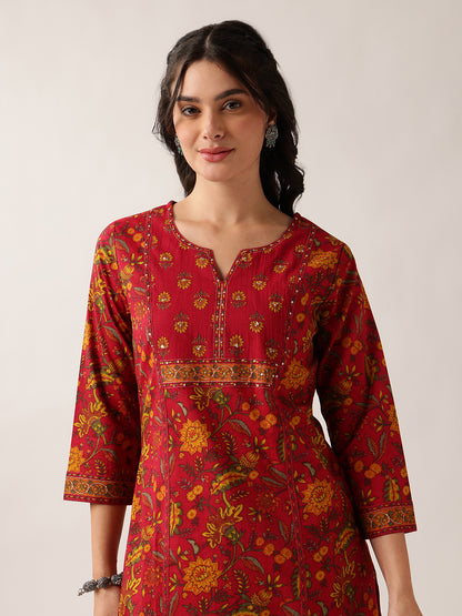 Pink Floral Straight Cotton Kurta Palazzo And Dupatta