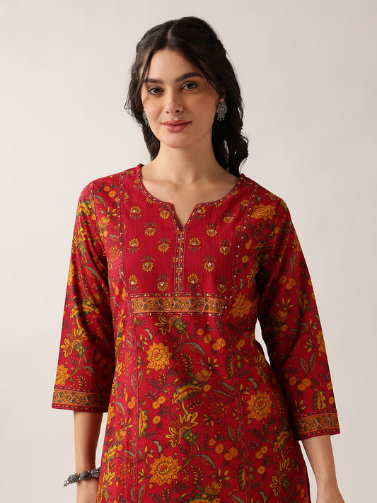 Pink Floral Straight Cotton Kurta Palazzo And Dupatta