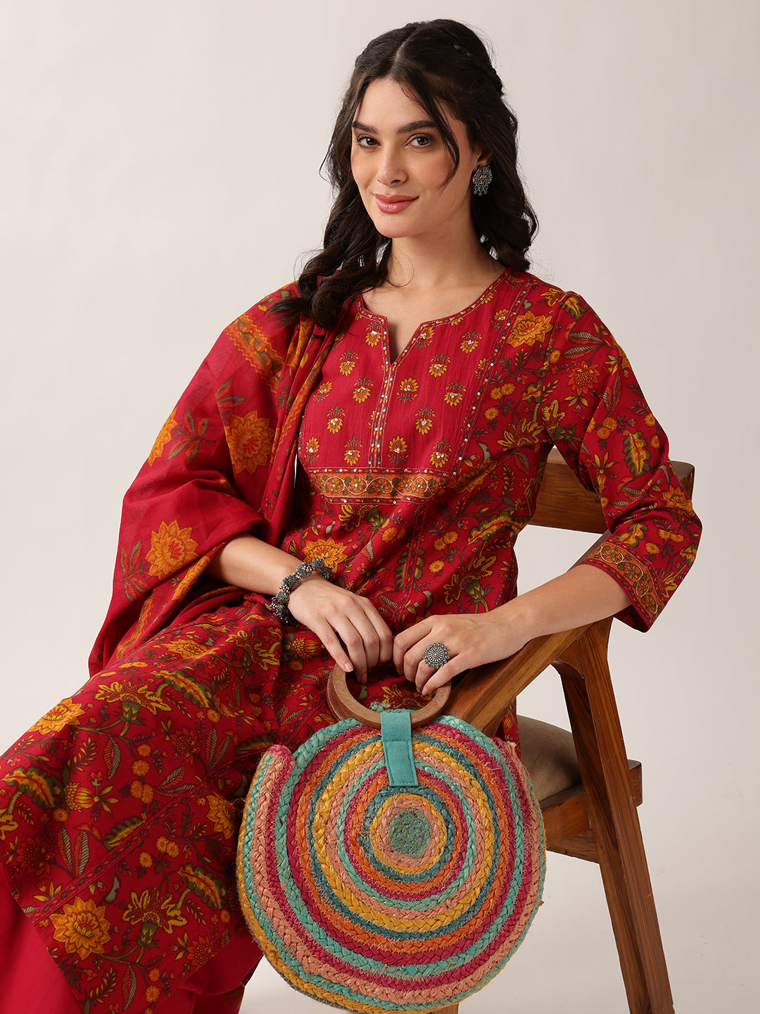 Pink Floral Straight Cotton Kurta Palazzo And Dupatta
