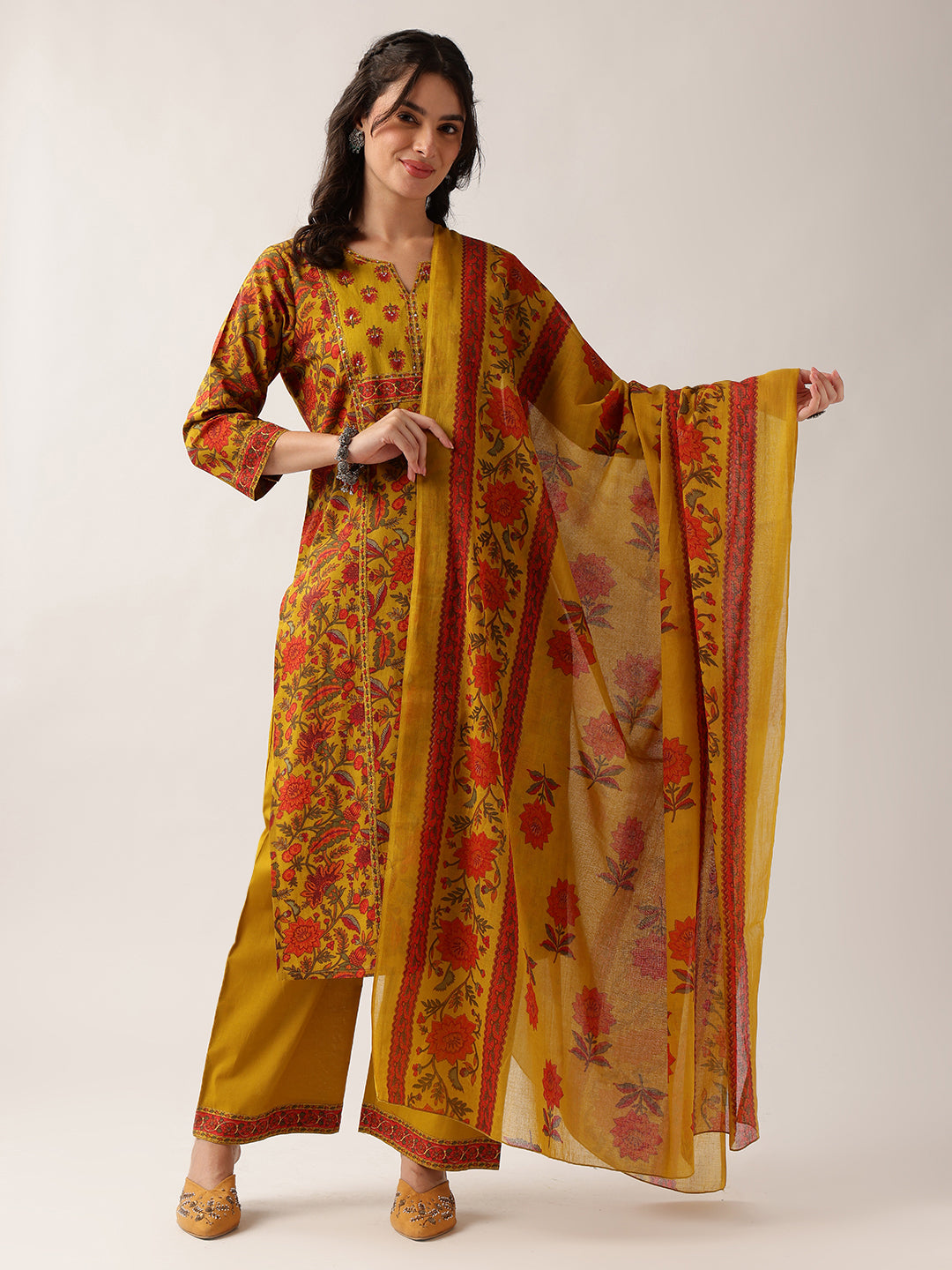 Yellow Floral Straight Cotton Kurta Palazzo And Dupatta