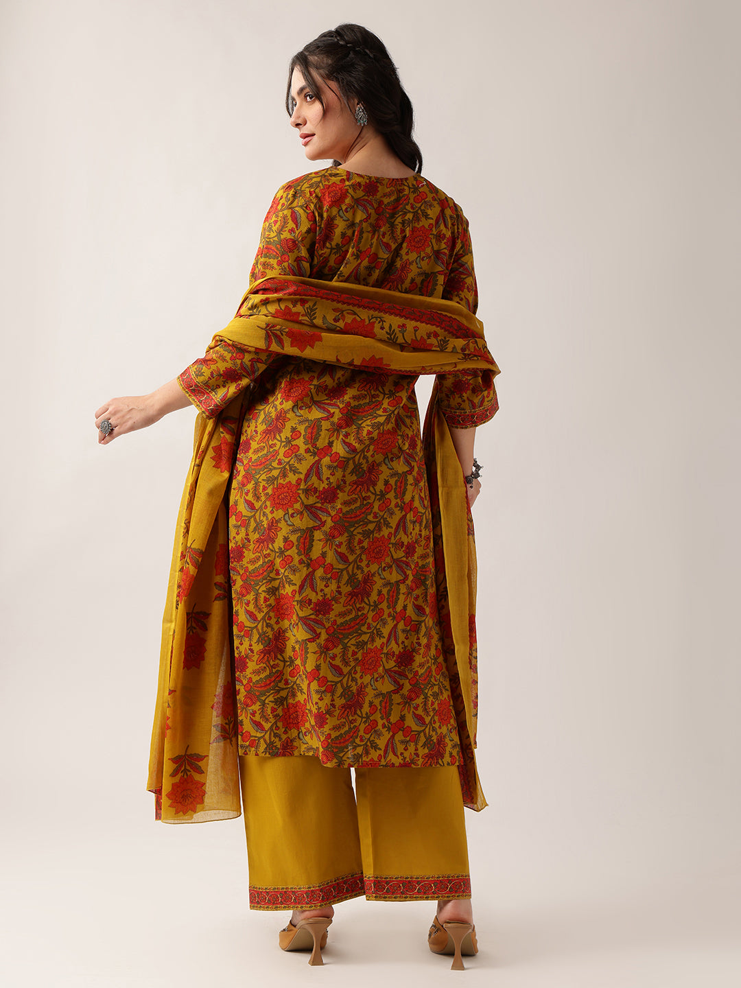 Yellow Floral Straight Cotton Kurta Palazzo And Dupatta