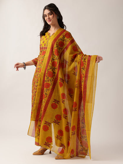 Yellow Floral Straight Cotton Kurta Palazzo And Dupatta