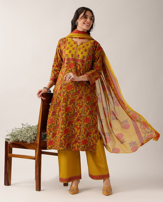 Yellow Floral Straight Cotton Kurta Palazzo And Dupatta