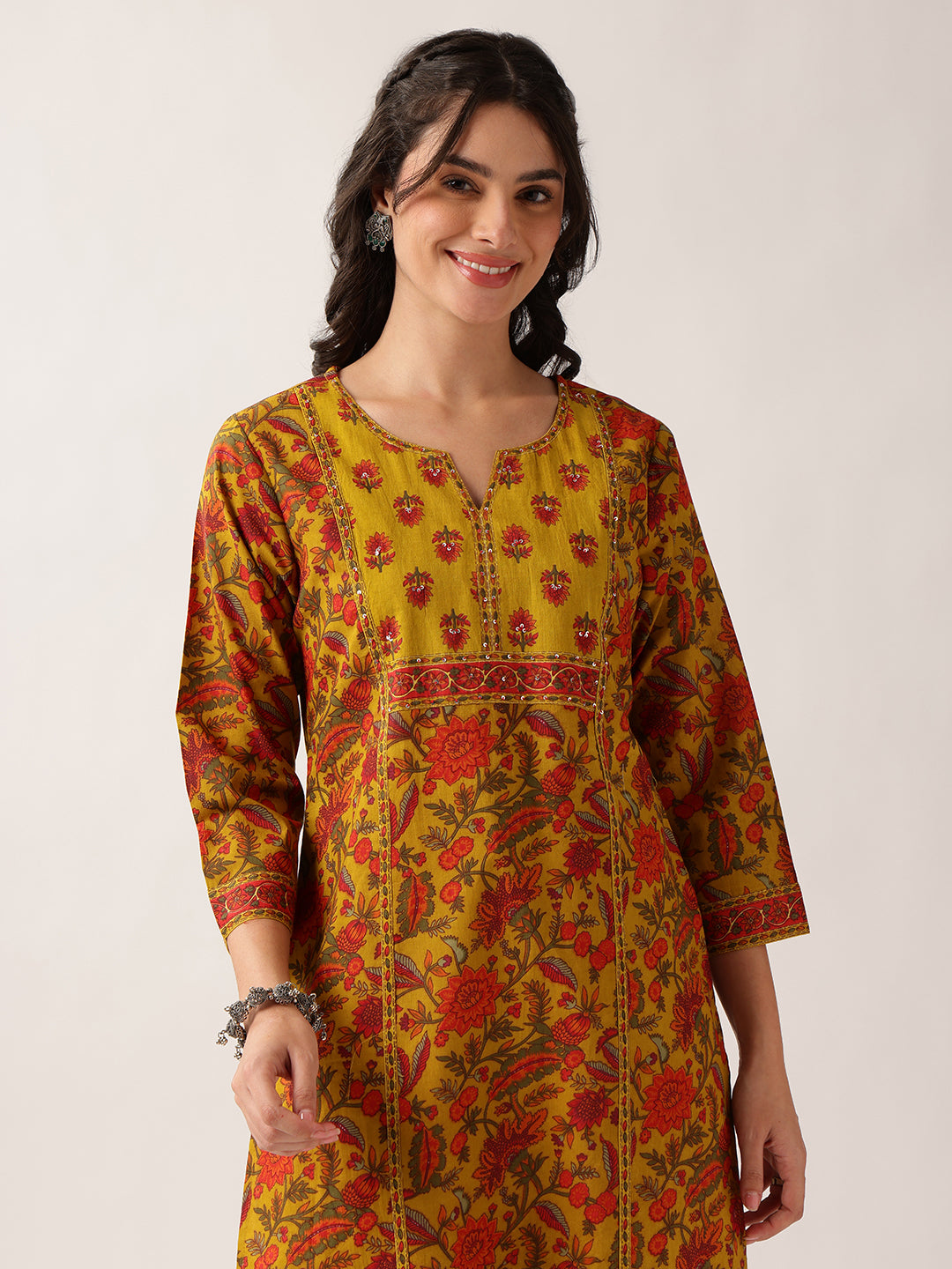 Yellow Floral Straight Cotton Kurta Palazzo And Dupatta