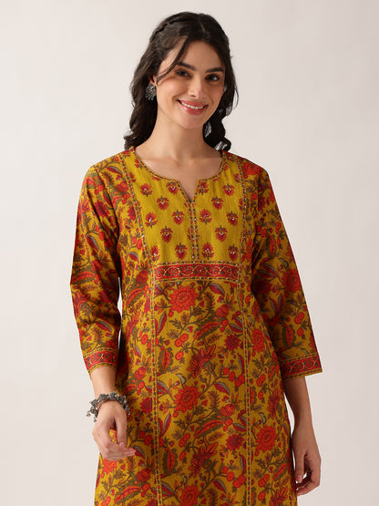 Yellow Floral Straight Cotton Kurta Palazzo And Dupatta