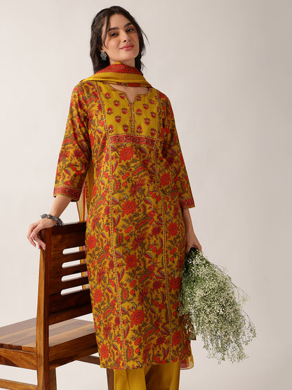 Yellow Floral Straight Cotton Kurta Palazzo And Dupatta