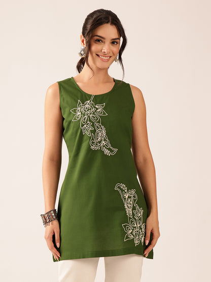 Mehendi Green Hand Work A-Line Cotton Stitched Tunic
