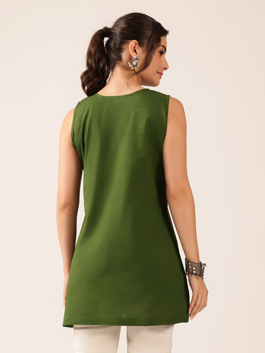 Mehendi Green Hand Work A-Line Cotton Stitched Tunic