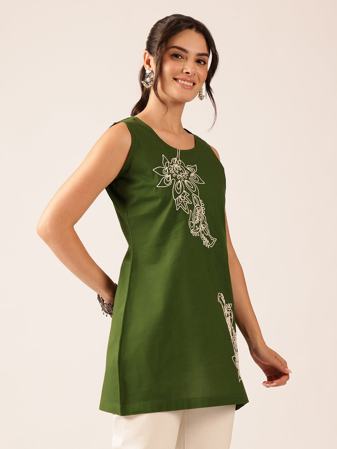 Mehendi Green Hand Work A-Line Cotton Stitched Tunic