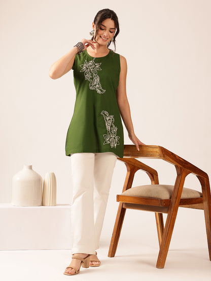 Mehendi Green Hand Work A-Line Cotton Stitched Tunic