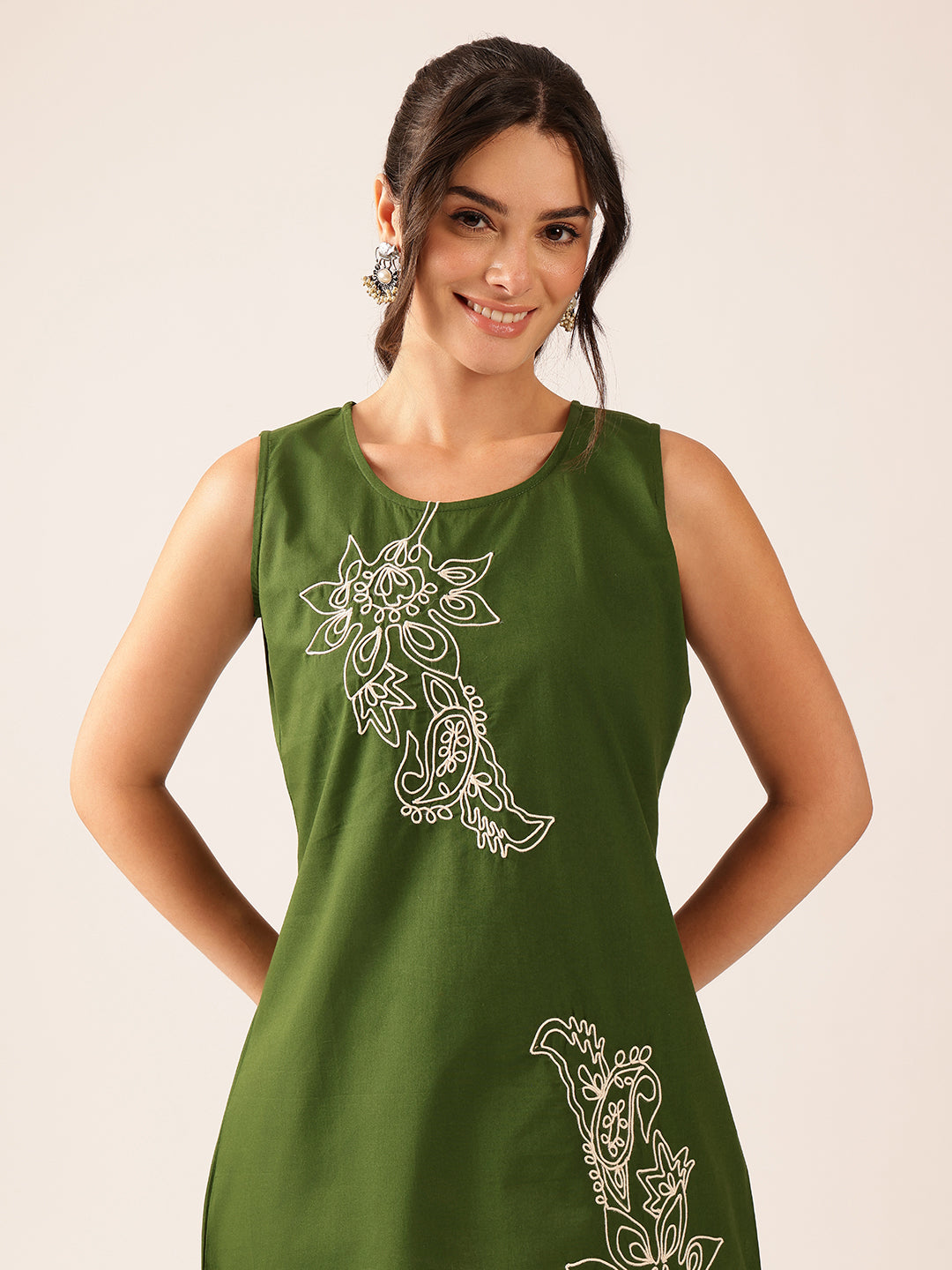 Mehendi Green Hand Work A-Line Cotton Stitched Tunic