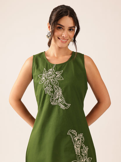 Mehendi Green Hand Work A-Line Cotton Stitched Tunic