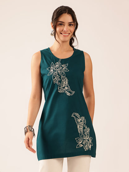 Teal Hand Work A-Line Cotton Stitched Tunic