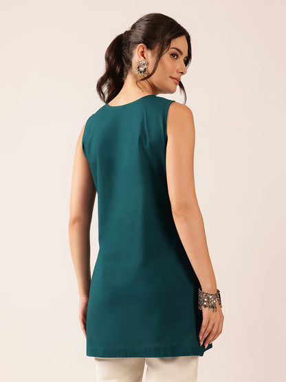 Teal Hand Work A-Line Cotton Stitched Tunic