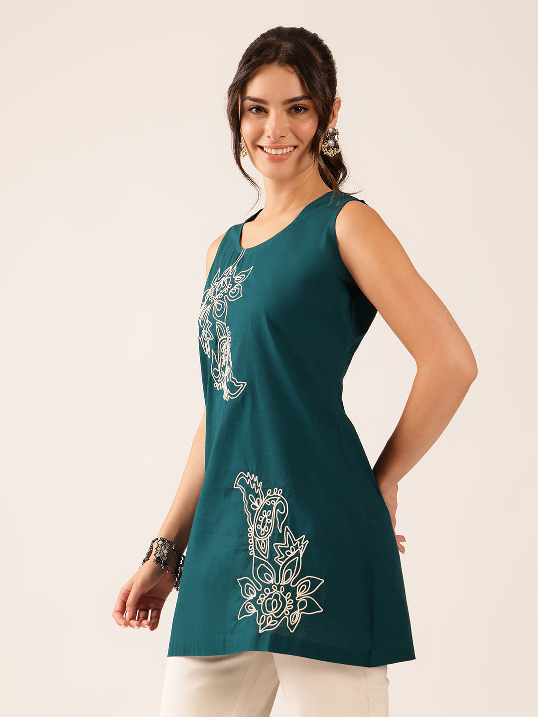 Teal Hand Work A-Line Cotton Stitched Tunic