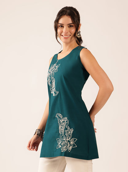 Teal Hand Work A-Line Cotton Stitched Tunic