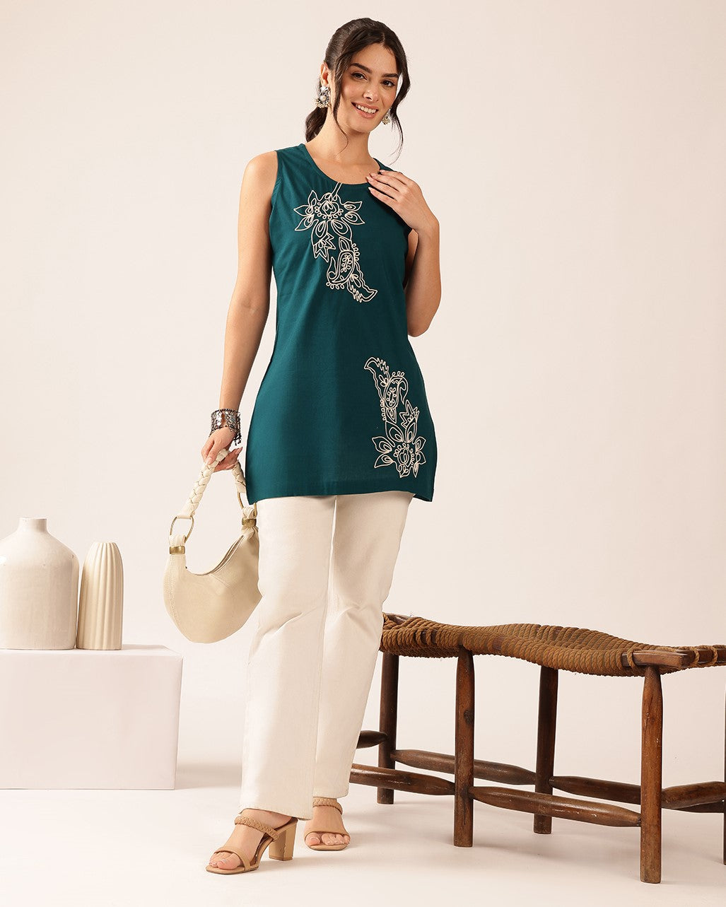 Teal Hand Work A-Line Cotton Stitched Tunic