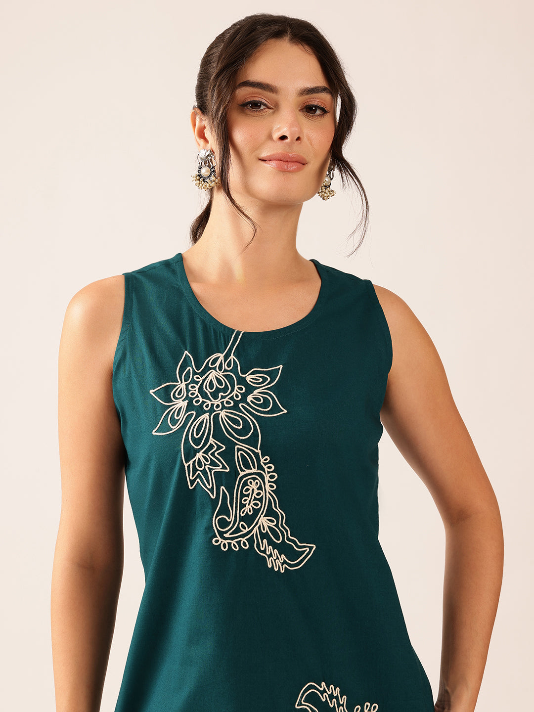 Teal Hand Work A-Line Cotton Stitched Tunic