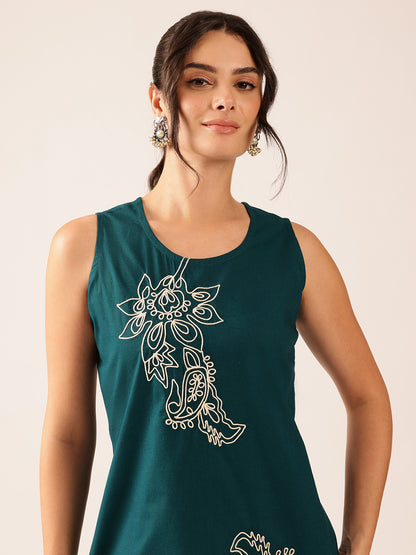Teal Hand Work A-Line Cotton Stitched Tunic
