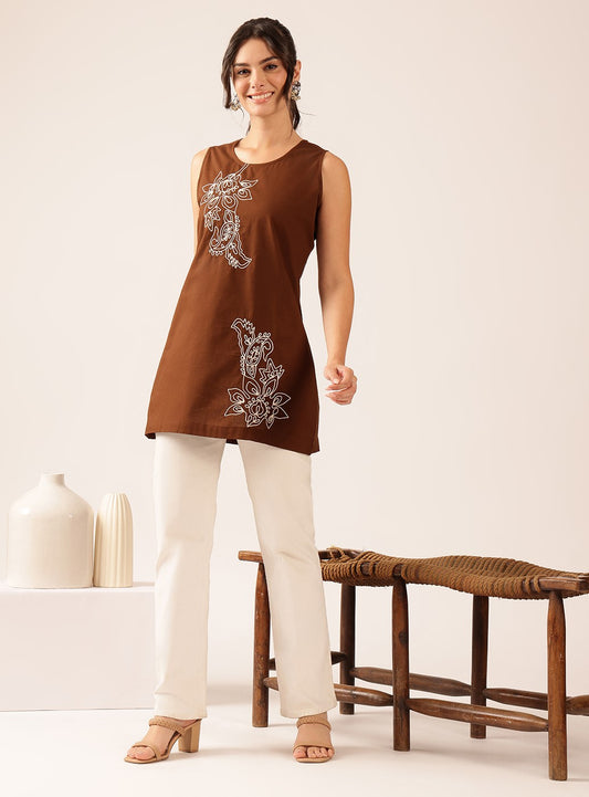 Brown Hand Work A-Line Cotton Stitched Tunic