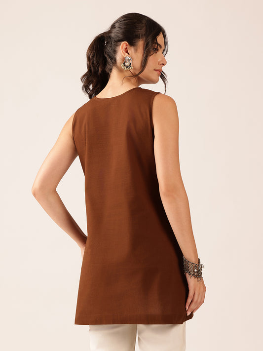Brown Hand Work A-Line Cotton Stitched Tunic