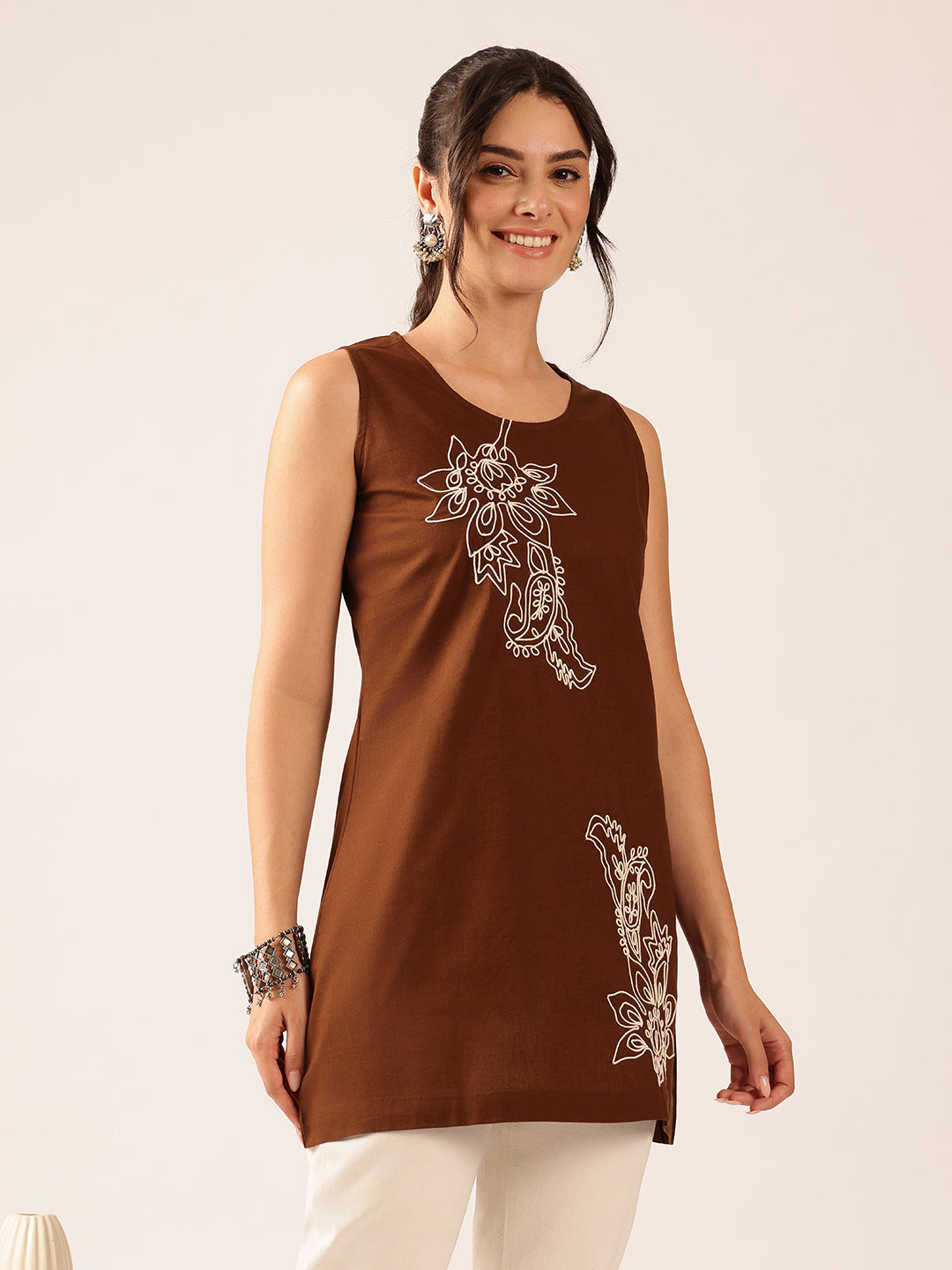 Brown Hand Work A-Line Cotton Stitched Tunic