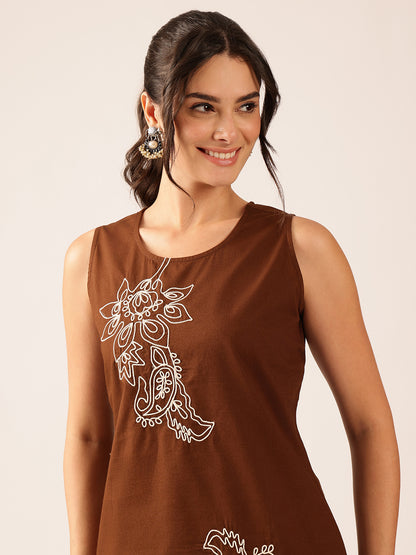 Brown Hand Work A-Line Cotton Stitched Tunic
