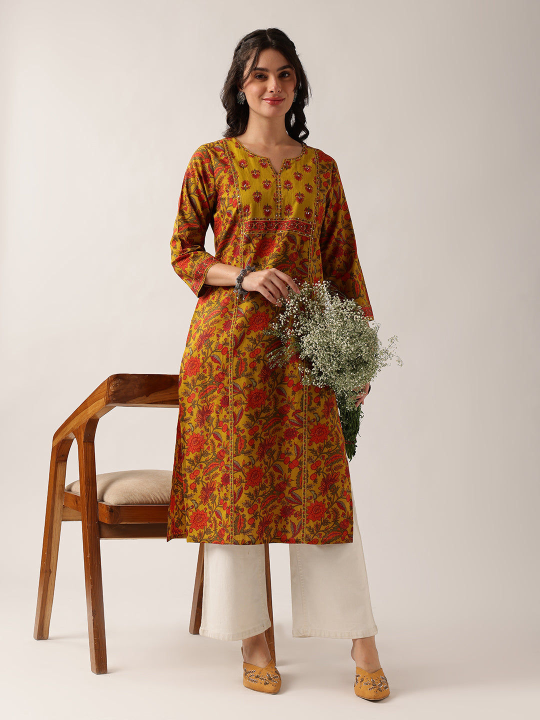 Yellow Floral Straight Cotton Kurta