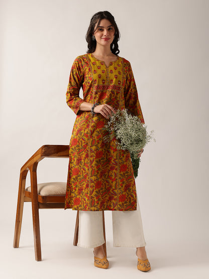 Yellow Floral Straight Cotton Kurta