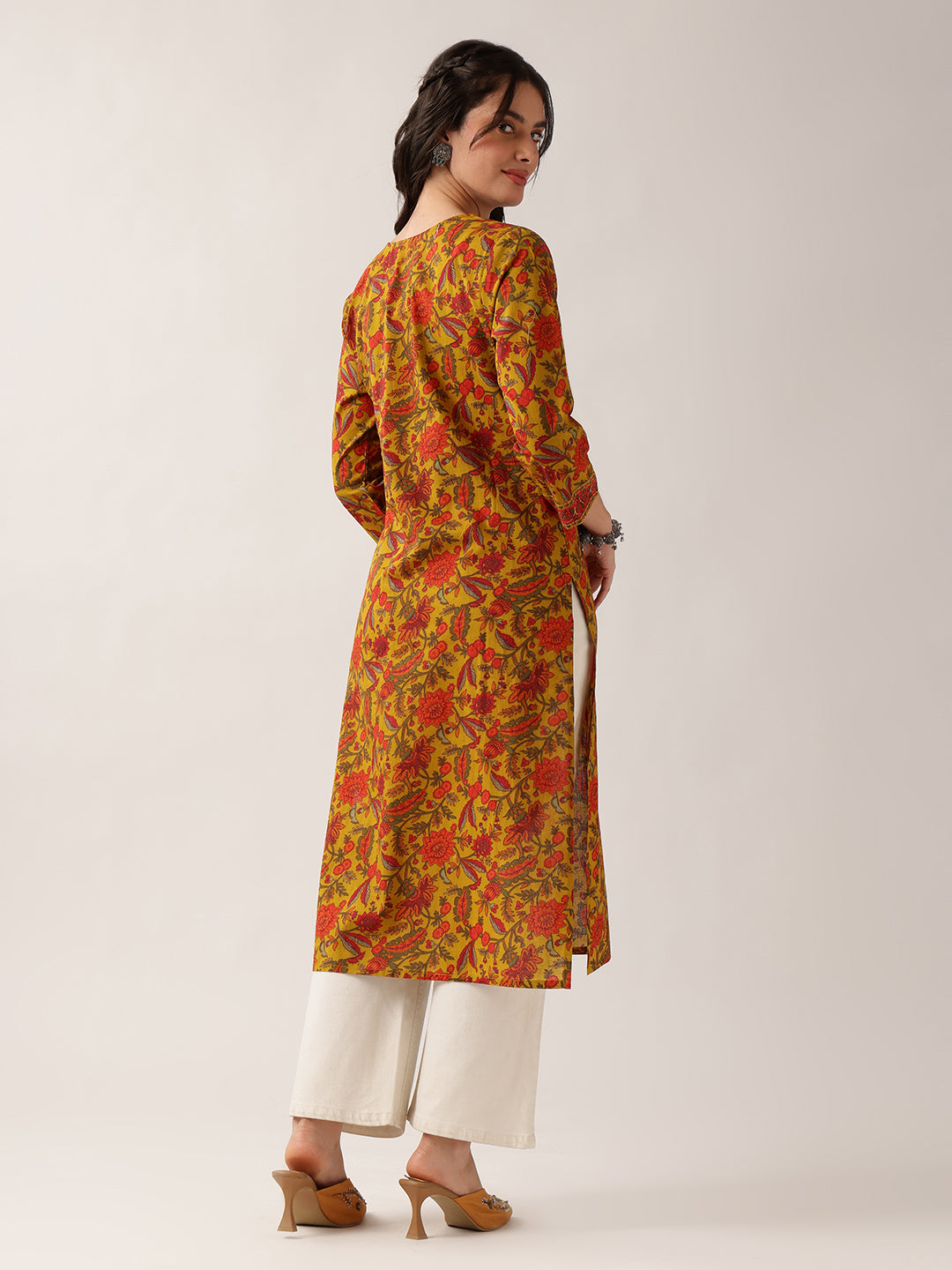 Yellow Floral Straight Cotton Kurta