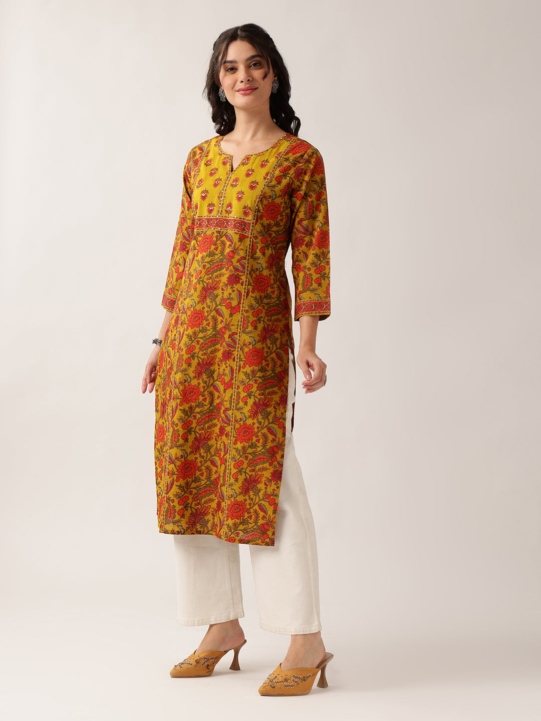 Yellow Floral Straight Cotton Kurta