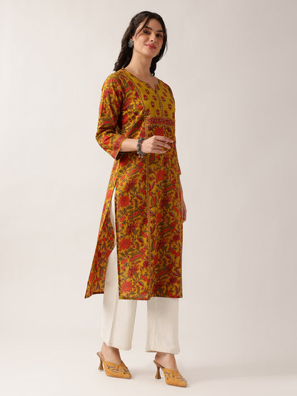 Yellow Floral Straight Cotton Kurta