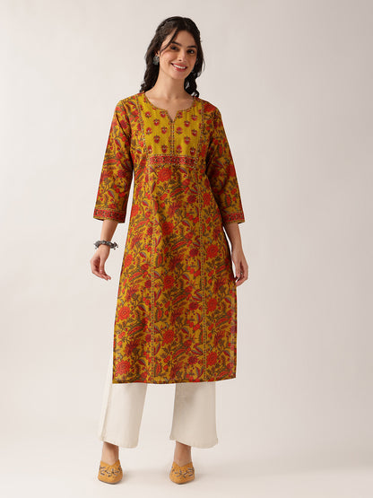 Yellow Floral Straight Cotton Kurta