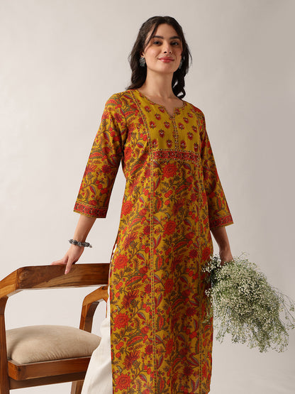 Yellow Floral Straight Cotton Kurta