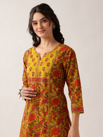Yellow Floral Straight Cotton Kurta