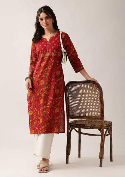 Maroon Floral Straight Cotton Kurta