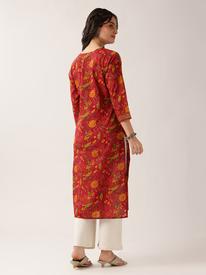 Maroon Floral Straight Cotton Kurta