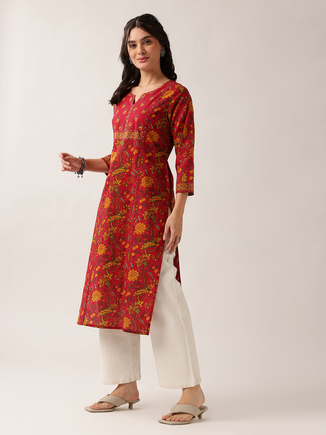 Maroon Floral Straight Cotton Kurta