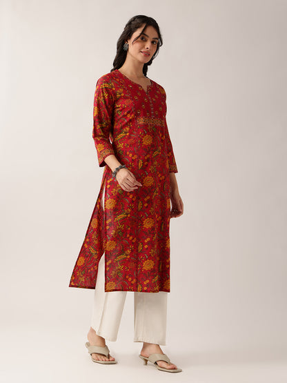 Maroon Floral Straight Cotton Kurta