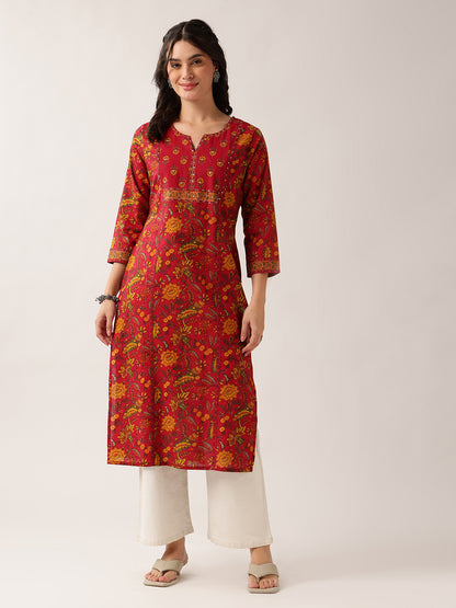 Maroon Floral Straight Cotton Kurta