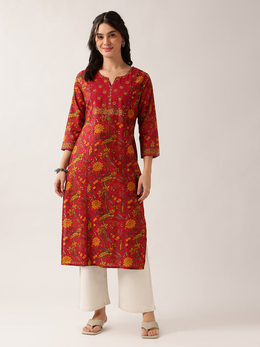 Maroon Floral Straight Cotton Kurta