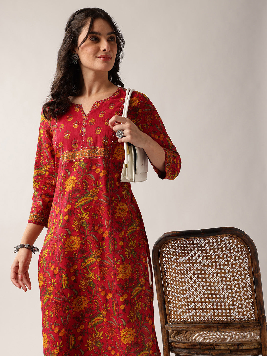 Maroon Floral Straight Cotton Kurta